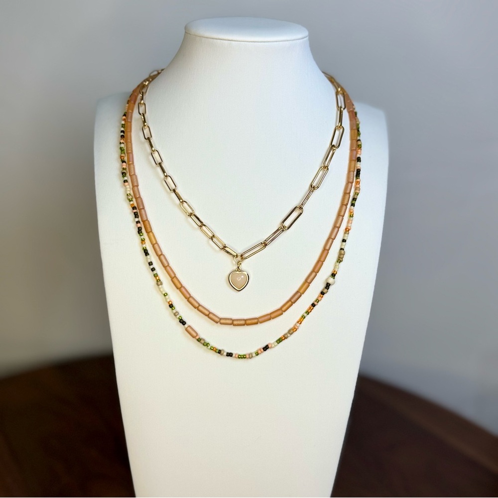 3-Piece Layered Necklace Set – Beaded + Gold Heart Charm